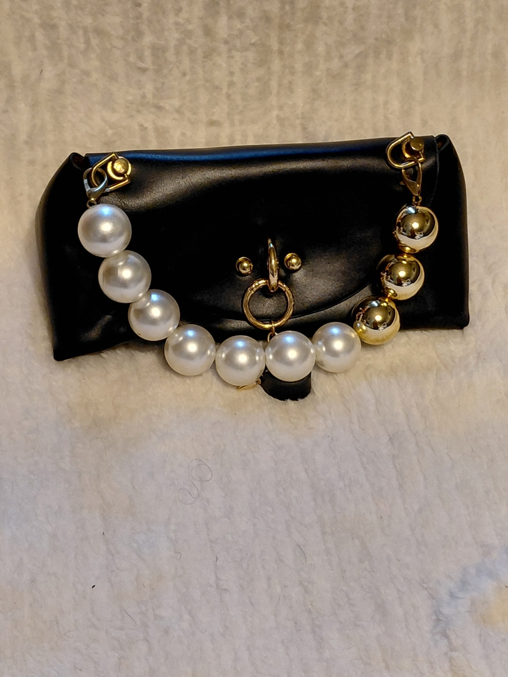 Black Clutch with Pearl and Gold Bead Strap